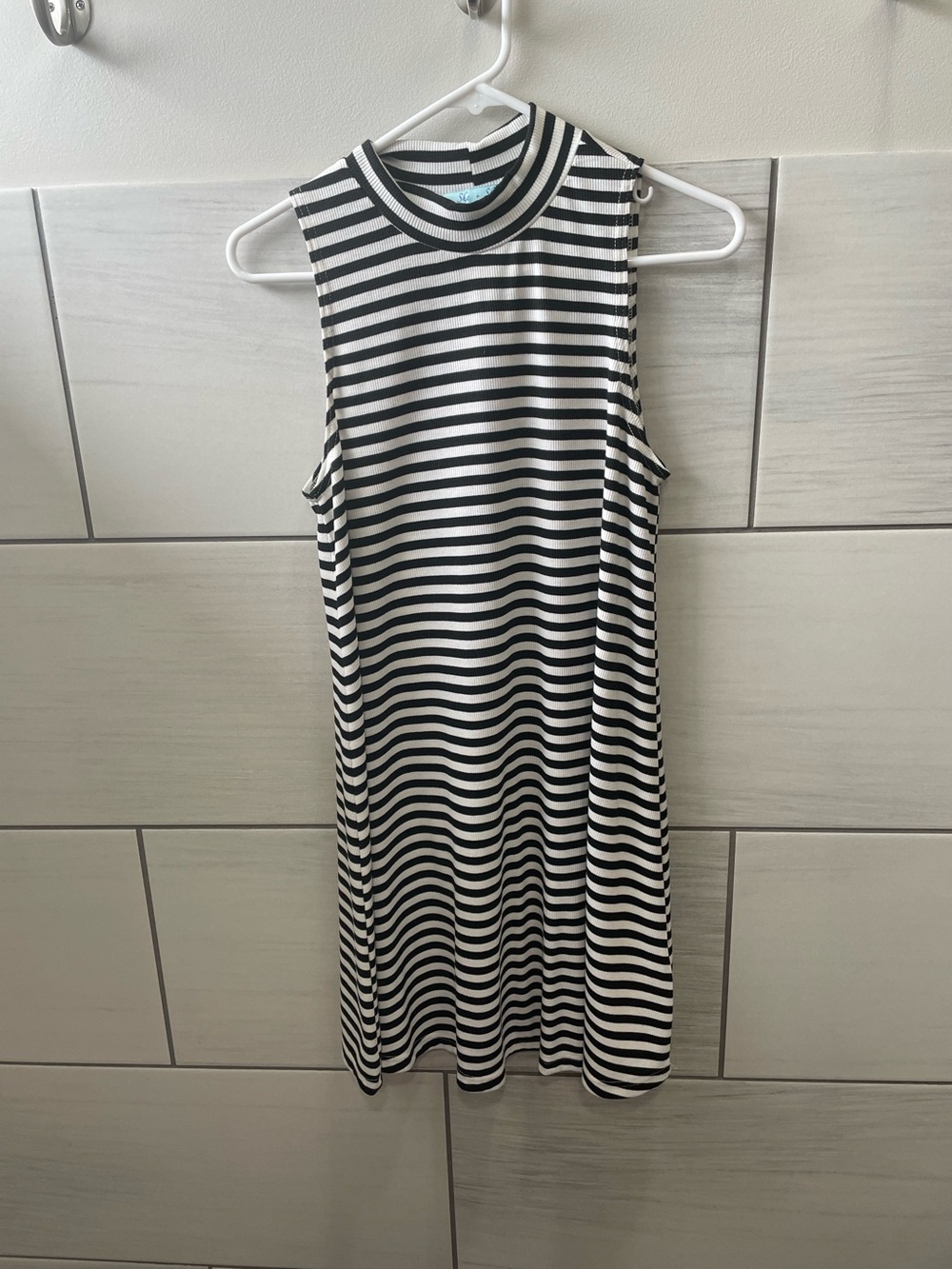 Striped Black & White Sleeveless Mock Neck Dress